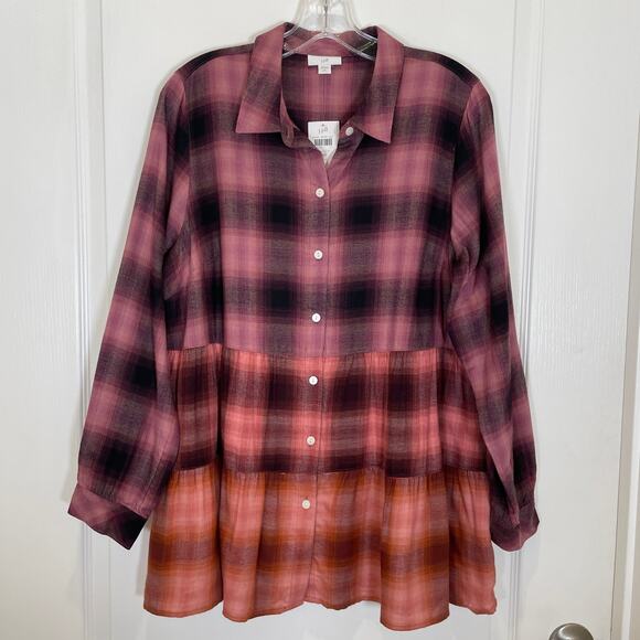 J. Jill Ombre Plaid Tiered Tunic Shirt Pink Coral Black Cotton Modal NWT MP - Picture 2 of 6